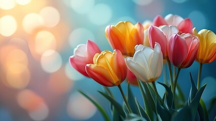 International Women’s Day Themed Tulip Bouquet with Pink, Yellow, and White on Blue Background, Web Banner with Lower Left Copy Space