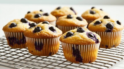 Freshly baked homemade blueberry muffins cooling on a wire rack in bright natural light