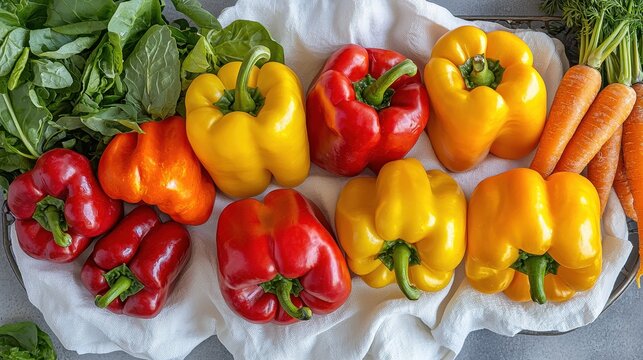 Colorful Assortment of Fresh Bell Peppers and Crunchy Carrots on a Clean Surface