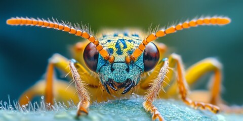 Fototapeta premium Detailed Macro Photography of a Colorful Insect on a Leaf