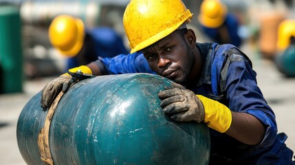 A worker in a yellow helmet and gloves handles a large green cylinder at an industrial site.