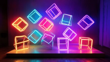 Colorful Neon Cubes Arrange Dynamically in a Dark Room Creating a Vibrant Abstract Display of Light