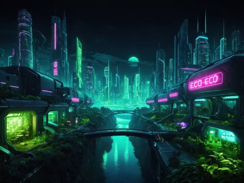  a vibrant vision of a futuristic eco-city illuminated by neon lights