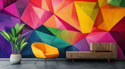Brightly Colored Geometric Mural Enhances Modern Living Space With Stylish Furniture and Greenery