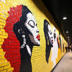 Evening glow graffiti mural of iconic musicians on brick wall side view urban culture representation