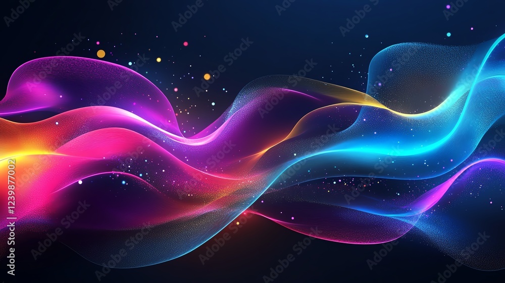 Poster colorful waves of light create an abstract design with vibrant hues and soft curves in a digital lan