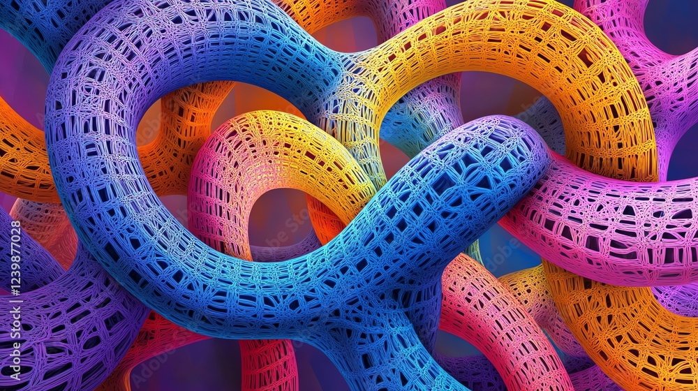 Poster vibrant interconnected shapes create a visually stunning pattern in a surreal landscape