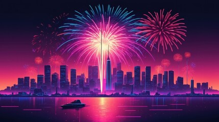  a vibrant city skyline illuminated by a spectacular fireworks display