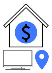 House with dollar symbol, computer monitor, location pin. Ideal for real estate, property investment, online management, financial growth, location analysis virtual tours remote work. Line metaphor