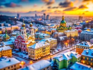 Fototapeta premium Tilt-Shift Kyiv Cityscape: Social Media Icons & Winter Scene, December 14, 2022