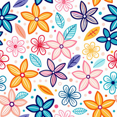 Here's a description and keywords for the image.. Cheerful floral pattern with colorful flowers and leaves on white background.