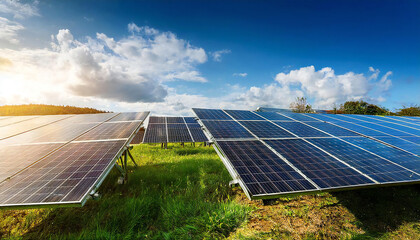 A mega solar power plant installed on a grassland. Solar panels with the blue sky and sunlight in the background.