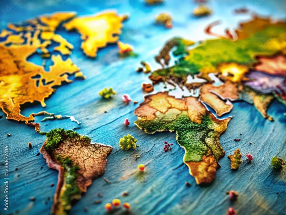 Poster tilt-shift world map infographic: global data visualization