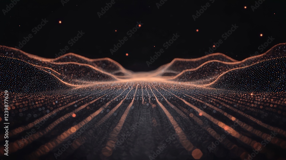 Poster abstract dark background with glowing orange particles and data waves