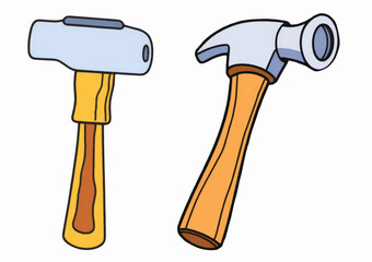 Cartoon Style Hammer with Wooden Handle and Metal Head Isolated on White Background