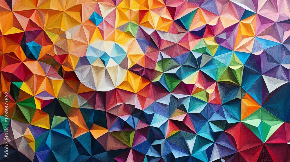 Poster colorful geometric design featuring vibrant triangles in various hues creating an abstract visual ex