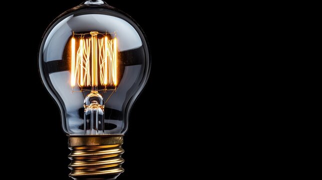 A close-up of a glowing vintage light bulb against a black background. - Powered by Adobe