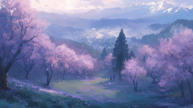 serene landscape with blooming pink trees and mountains