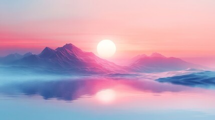 Pink Sunset Over Calm Mountain Lake Reflection