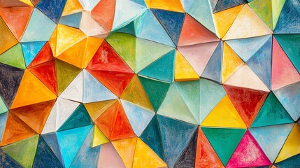 Colorful Geometric Wall Art Showcasing Vibrant Triangles in Mixed Hues and Textures in an Urban Setting