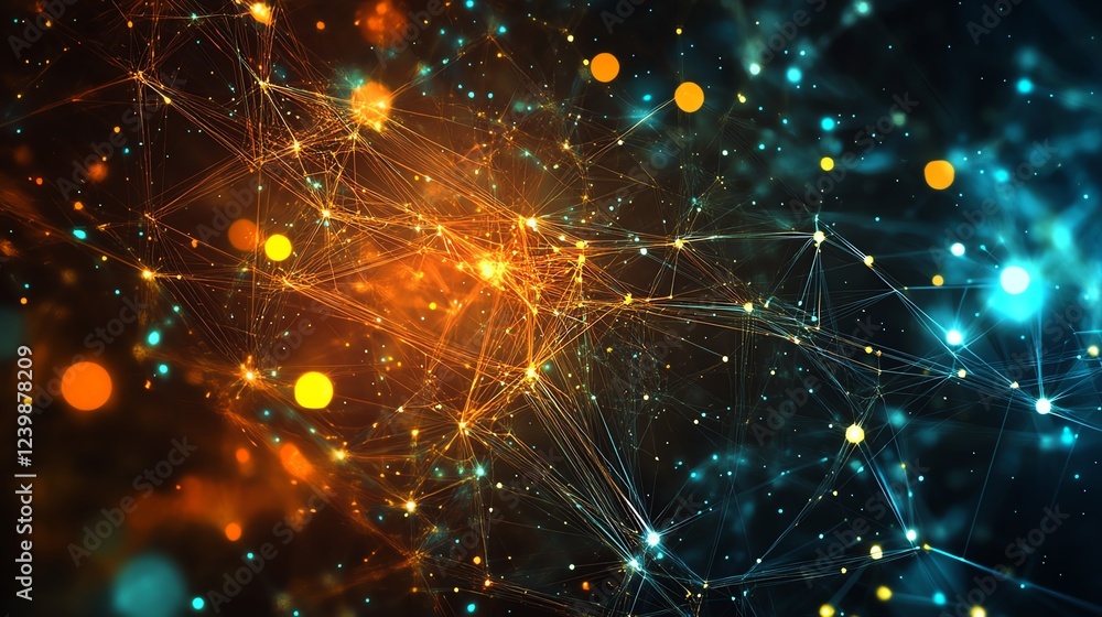 Poster visually stunning abstract representation of interconnected data with vibrant colors and dynamic lig