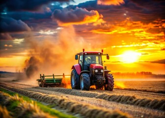 Tractor in Field at Dusk with Tilt-Shift Effect