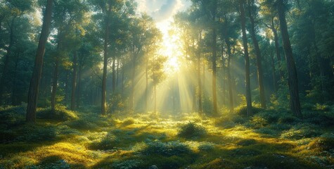 Fototapeta premium Morning Sunlight Filtering Through Moss-Covered Trees in Serene Forest