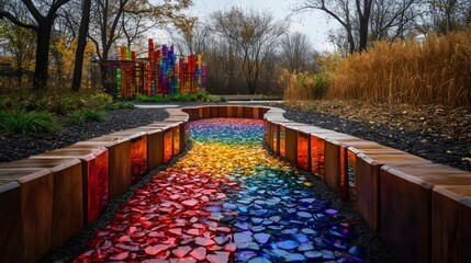A colorful mosaic walkway with a rainbow-colored bridge