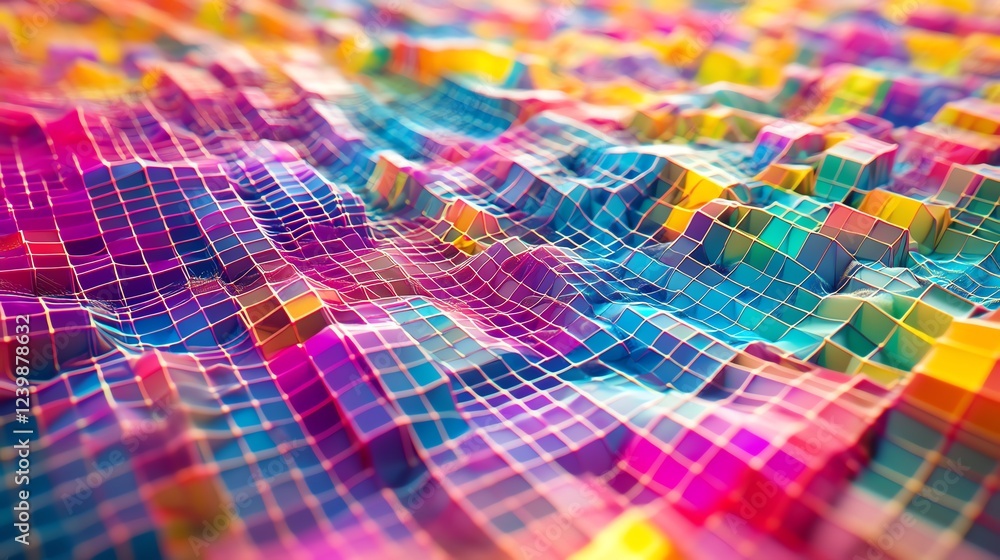 Poster colorful abstract landscape with dynamic grid structure and vibrant textures in a digital rendering