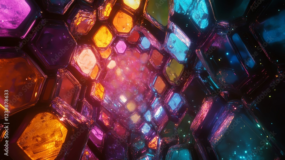 Poster colorful hexagonal tunnel with vibrant lights in a surreal digital environment during nighttime expl