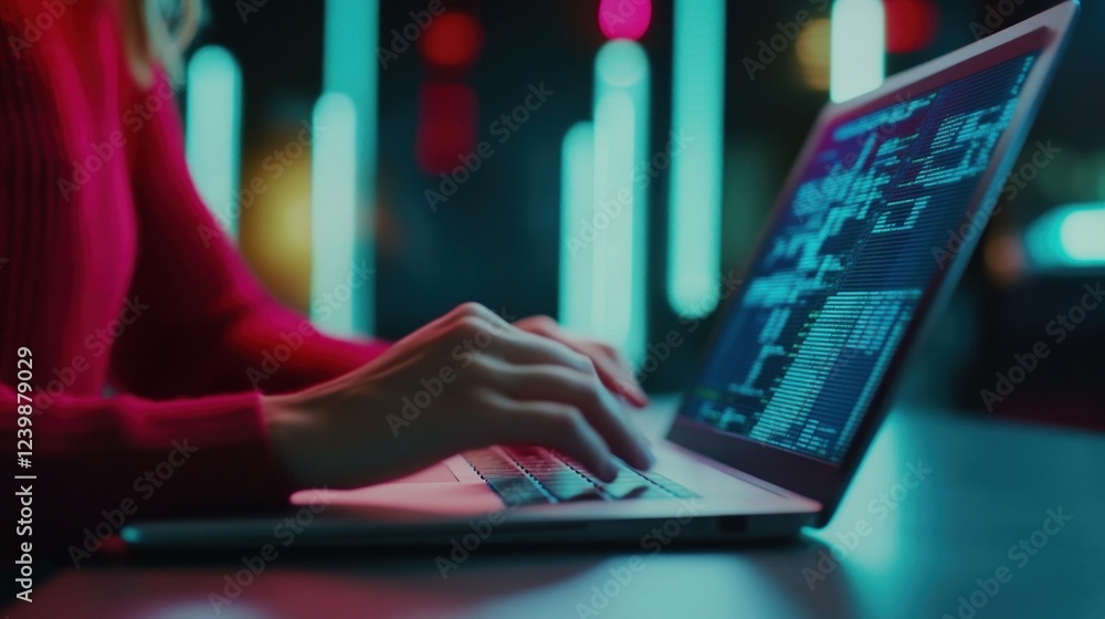 Poster nighttime coder: hands typing on laptop with glowing code