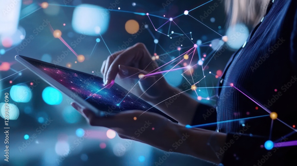 Aufkleber digital connectivity: woman using tablet with network visualization