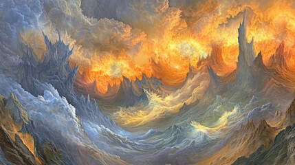 Surreal fiery landscape with swirling clouds