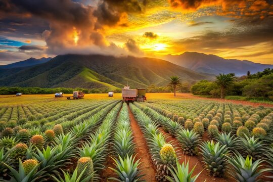 Tranquil Pineapple Fields and Distant Mountain Range with Vibrant Sky