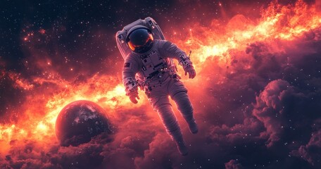 Astronaut in Space Watching Earth Surrounded by Stars in Surrealism Style
