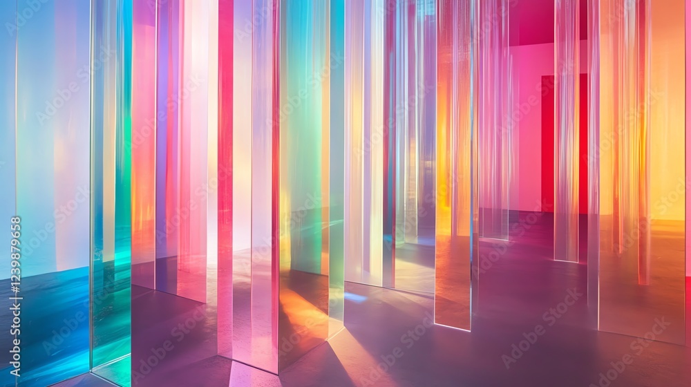 Poster colorful translucent panels create an engaging light display in an art installation during daytime