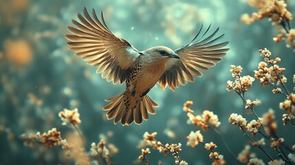 Fototapeta premium Bird soaring over blooming flowers in a sunlit garden