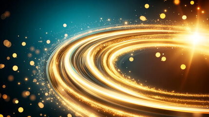 Obraz premium Golden swirling light trails with glowing particles