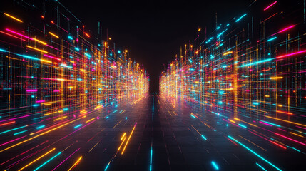 Vibrant digital lines create futuristic tunnel