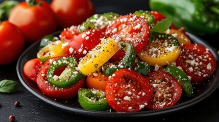 A vibrant salad featuring colorful tomatoes, bell peppers, and feta cheese on a black plate.