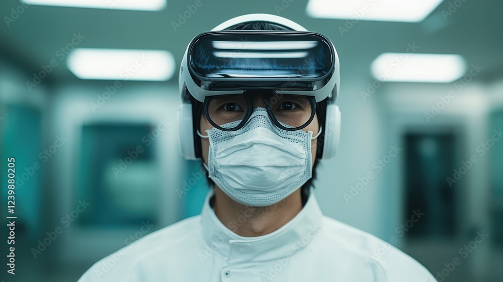 Poster personalized medicine concepts. person in protective gear using virtual reality technology in a lab 