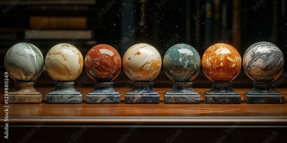 Poster realistic solar system planets model set on wooden table display