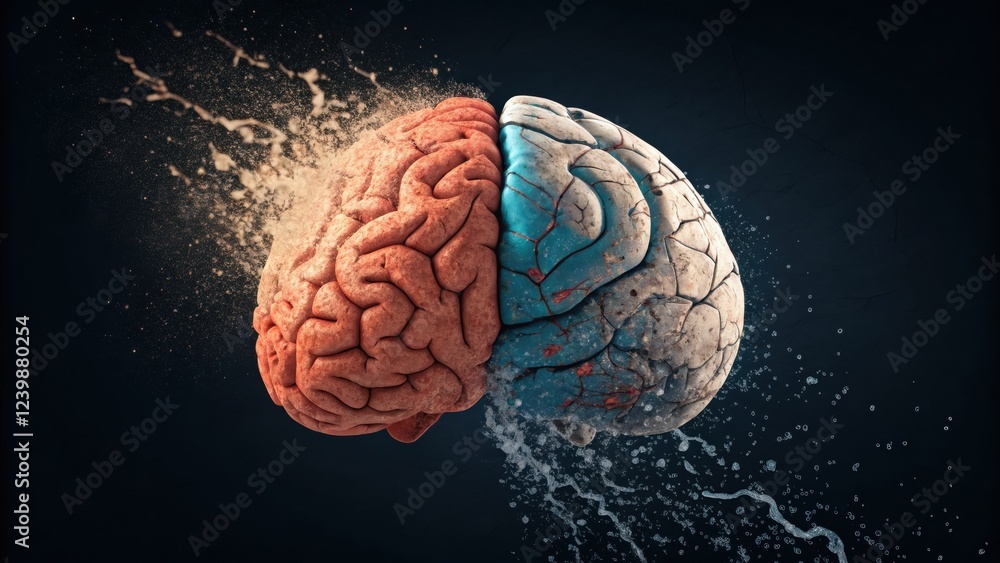 Poster brain split with contrasting colors and dynamic liquid effect