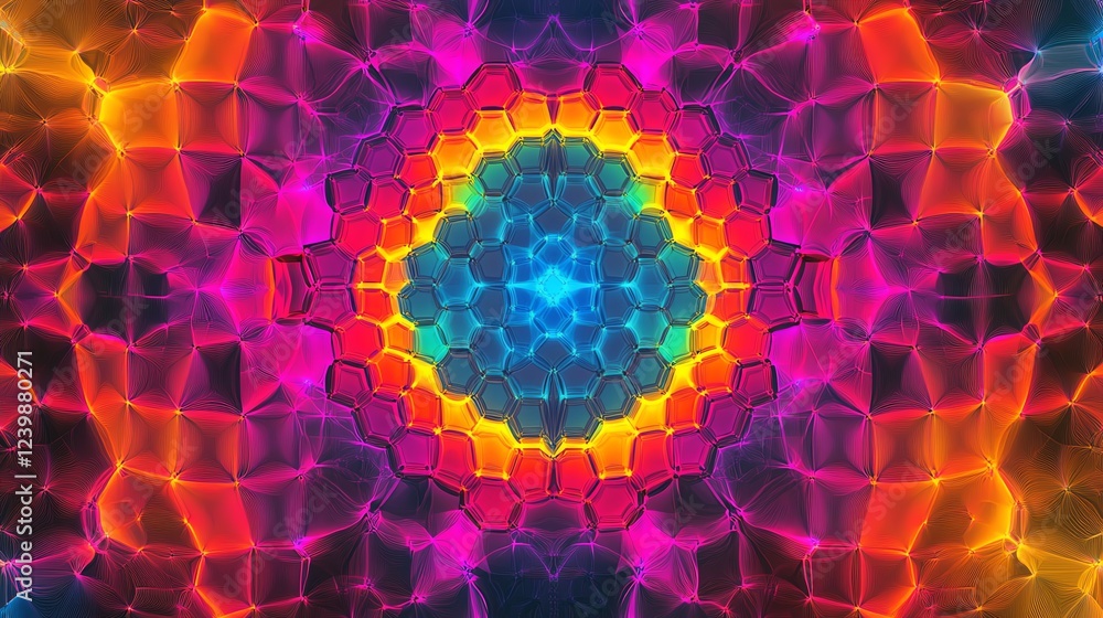 Poster colorful abstract geometric pattern with vibrant hues and intricate hexagonal design in a symmetrica