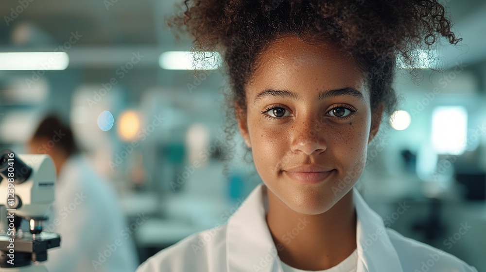 Aufkleber personalized medicine concepts. smiling scientist in a lab coat with a microscope in the background.