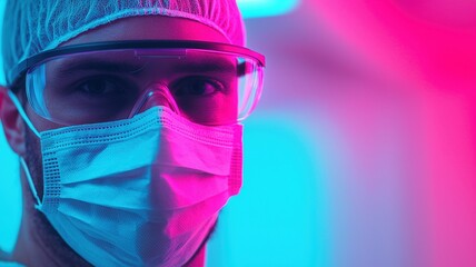 Personalized Medicine Concepts. Medical professional in protective gear with colorful lighting.