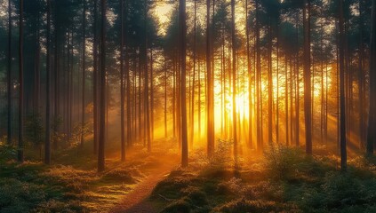 Fototapeta premium Peaceful Sunrise in Serene Forest with Sunbeams and Mist