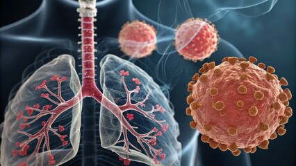 lung cancer symptoms concept, Medical illustration of lungs and virus interaction.