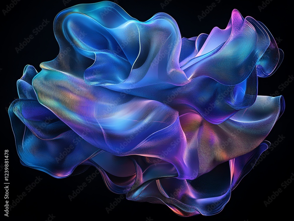 Poster colorful abstract digital art displaying flowing shapes and textures with vibrant hues against a dar