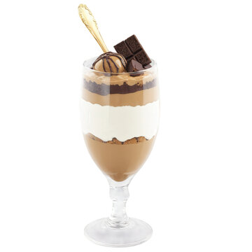 Mocha mousse parfait layered in a tall, clear glass with alternating sections of mocha mousse, caramel sauce, and crumbled chocolate